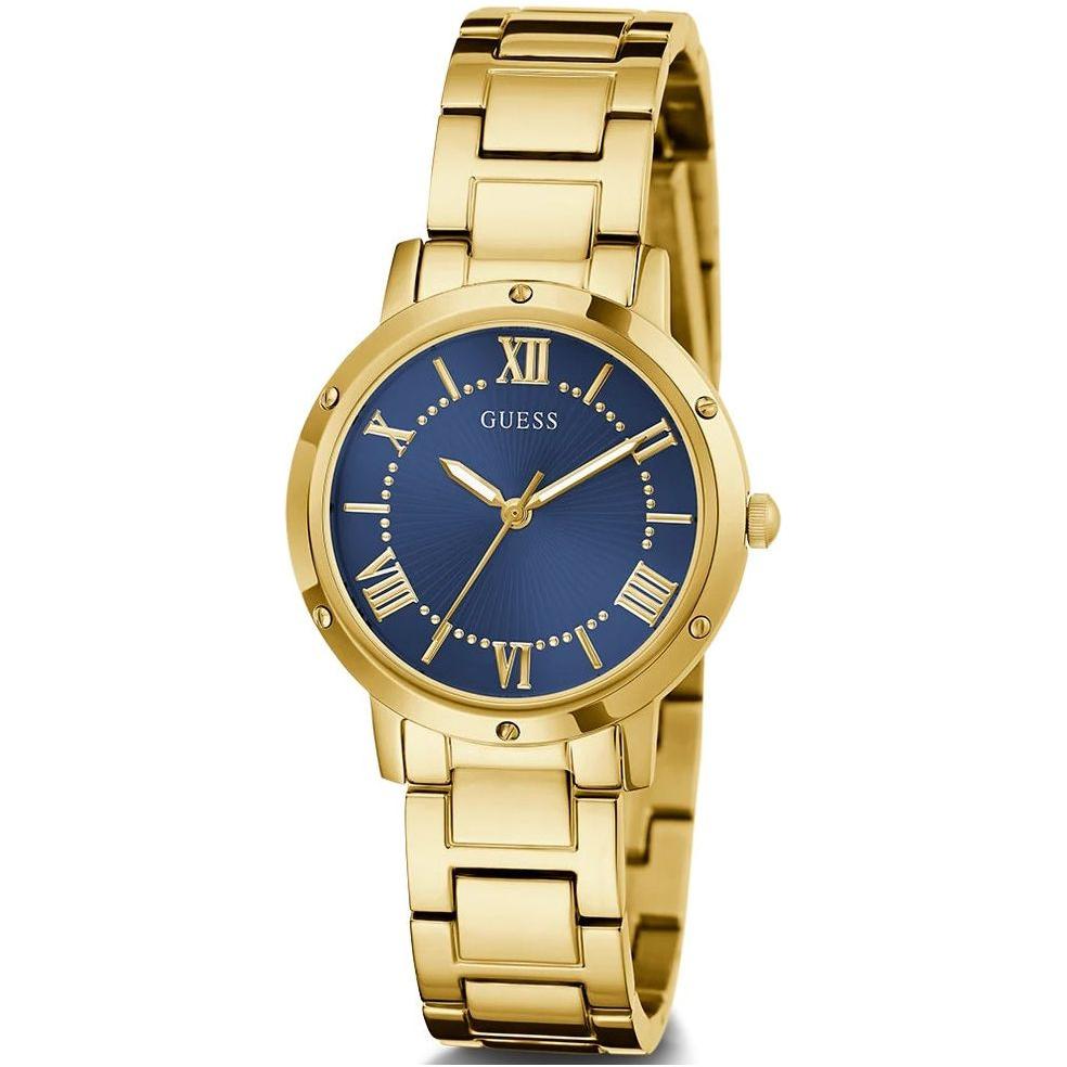 Stylish GUESS watch model GW0404L4 with gold strap and navy blue dial featuring Roman numerals.