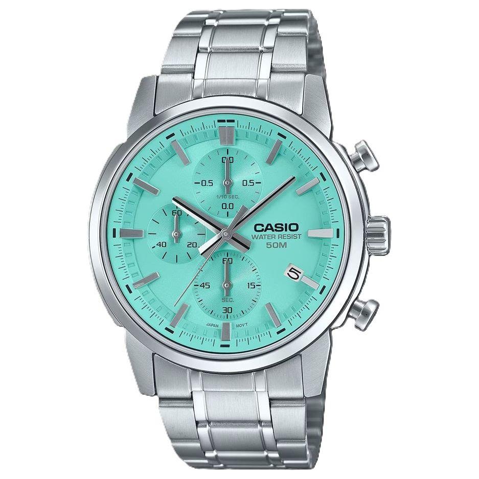 Casio Collection Chrono Date Aqua Green wristwatch with stainless steel case and strap, water resistant 5 ATM, quartz movement.