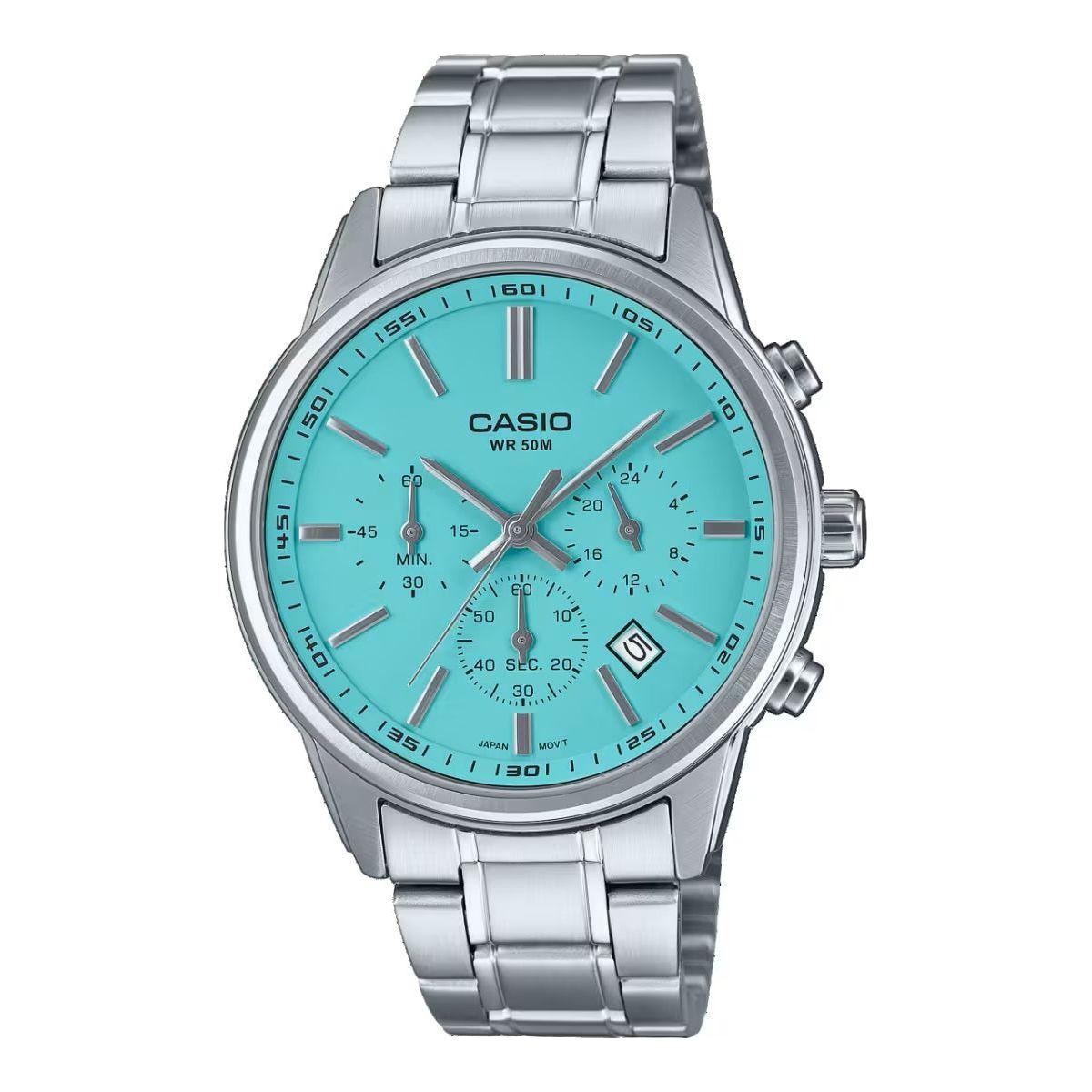 Casio Collection Chrono Date wristwatch in aqua green with stainless steel strap, featuring a 41mm case and 5 ATM water resistance.