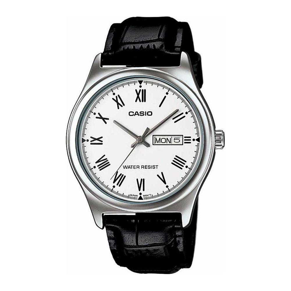 Casio Collection gent's wristwatch with white dial, Roman numerals, black leather strap, quartz movement, and day-date function.