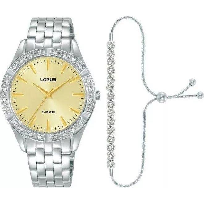 Lorus Watches Mod. RG293XX9 with silver bracelet, yellow dial, and crystal accents, 5-bar water resistance, elegant design.