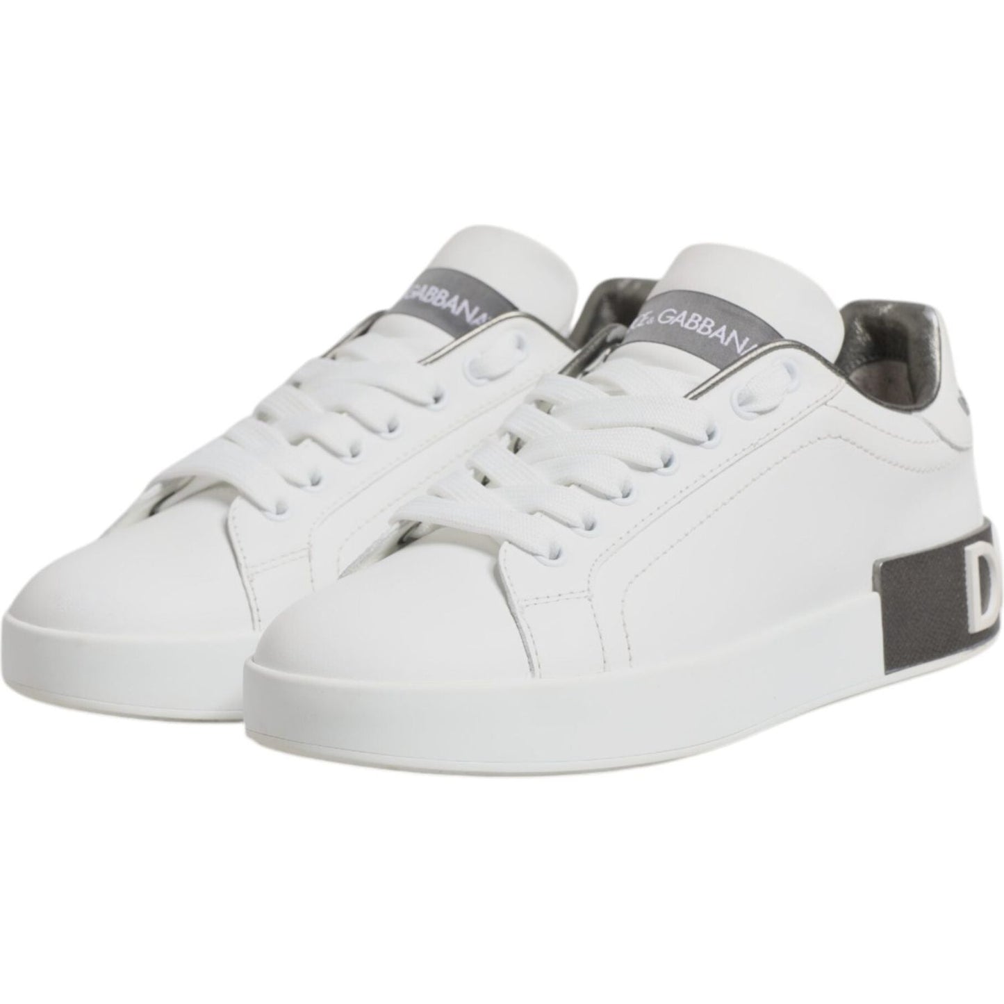 Dolce & Gabbana White Gray Leather Low Top Sneakers Shoes