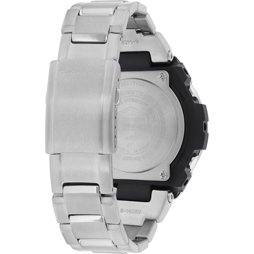 Back view of CASIO G-SHOCK MASTER OF G G-STEEL watch with stainless steel bracelet and durable resin, showcasing water-resistant design.