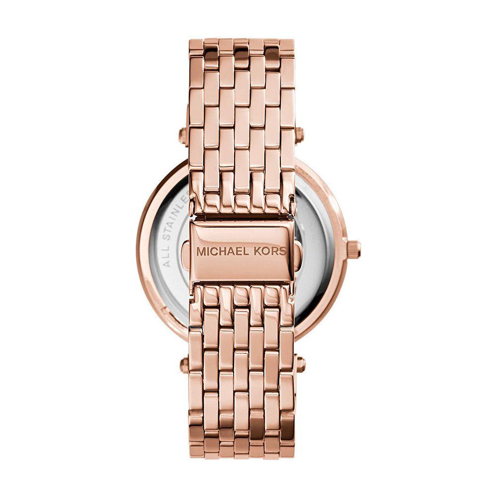 Back view of the Michael Kors Darci rose gold wristwatch, featuring stainless steel strap and quartz movement. Ideal for women.