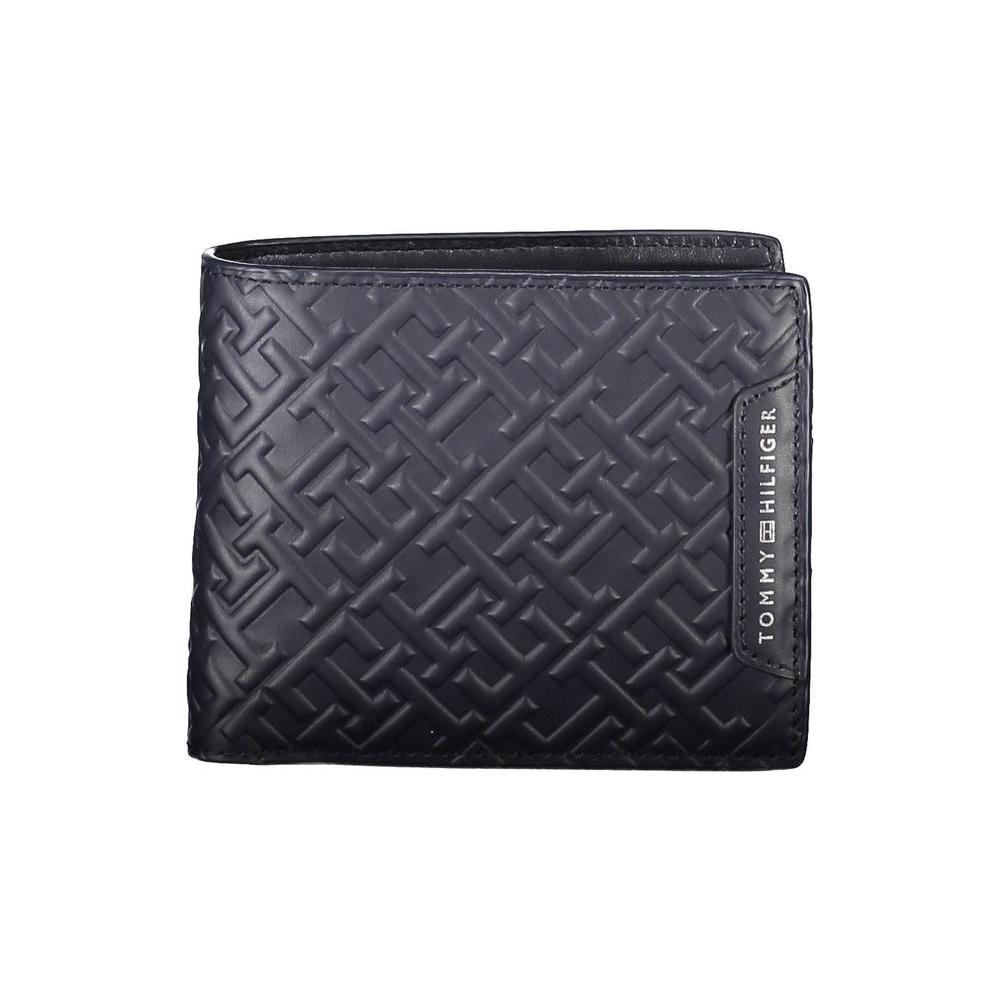 Tommy Hilfiger blue leather men's wallet with embossed pattern and logo, featuring multiple compartments and a coin purse.