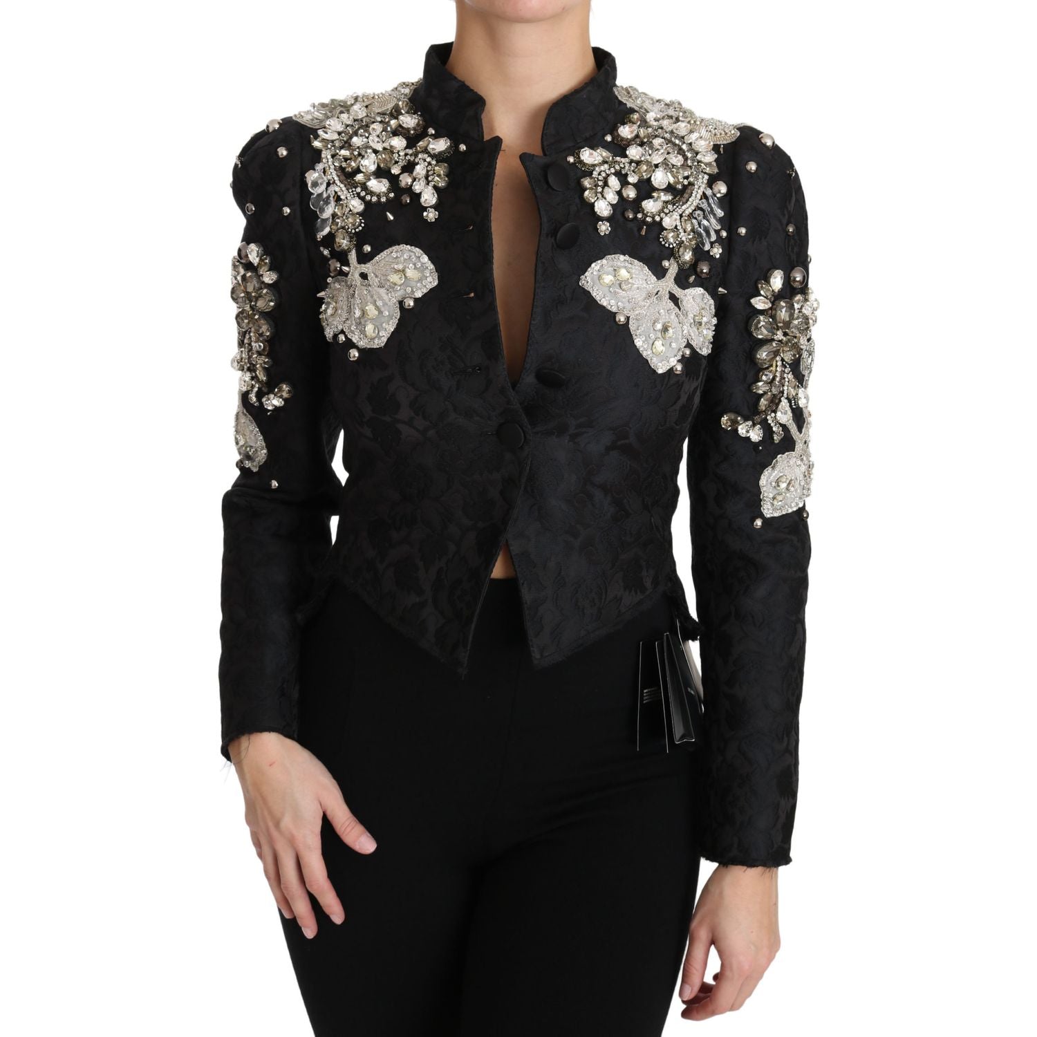Dolce & Gabbana Black Jacquard Crystal Floral Jacket
