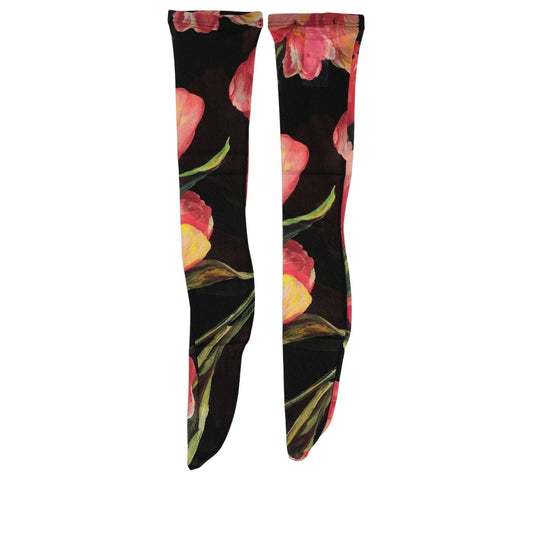 Dolce & Gabbana Black Pink Floral Tulip Nylon Stockings Socks