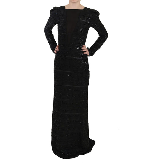 John Richmond Black Silk Full Length Sequined Gown Dress