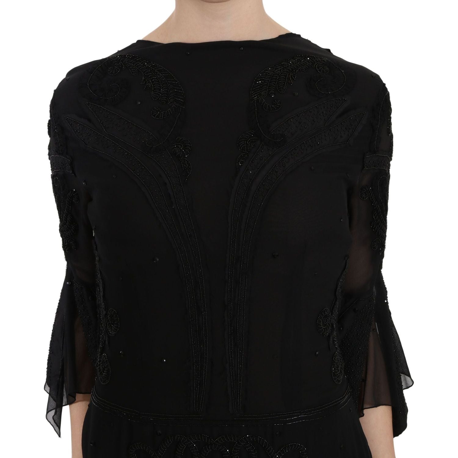 John Richmond Black Sequined Silk Mini Shift Gown