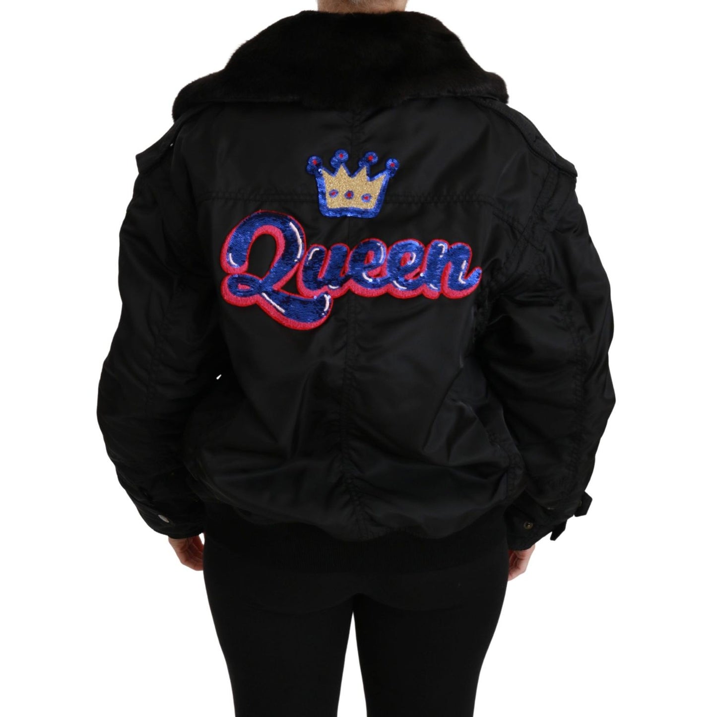 Dolce & Gabbana Black Queen Crown Sequined Bomber Jacket 1728,67345645728,Black,Bombers - Jackets & Coats - Clothing,Clothing,Dolce & Gabbana,IT36 | XS,Jackets & Coats - Clothing,Jackets & Coats - Women - Clothing,Material: 100% Nylon,New with tags,Women,