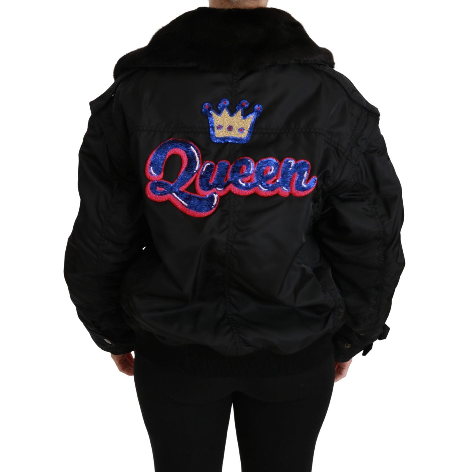 Dolce & Gabbana Black Queen Crown Sequined Bomber Jacket