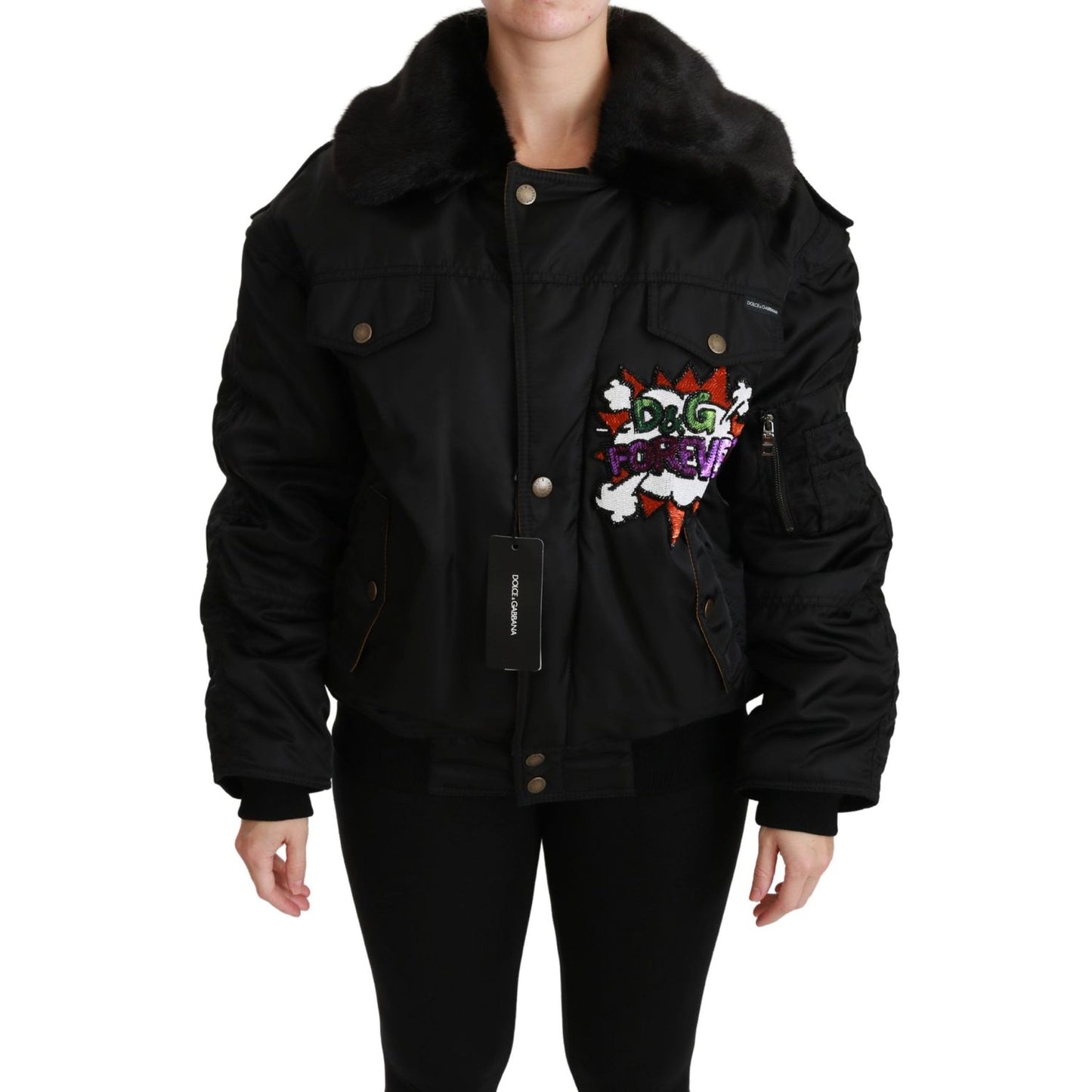 Dolce & Gabbana Black Queen Crown Sequined Bomber Jacket 1728,67345645728,Black,Bombers - Jackets & Coats - Clothing,Clothing,Dolce & Gabbana,IT36 | XS,Jackets & Coats - Clothing,Jackets & Coats - Women - Clothing,Material: 100% Nylon,New with tags,Women,