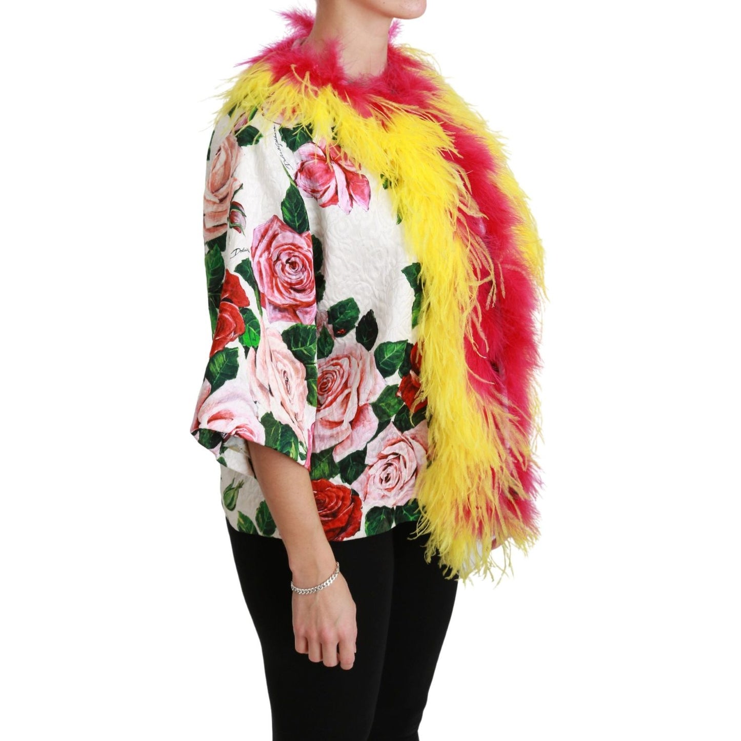 Dolce & Gabbana White Floral Coat Capte Fur Roses Jacket 1728,67345645728,Clothing,Coats - Jackets & Coats - Clothing,Dolce & Gabbana,IT40|S,Jackets & Coats - Clothing,Jackets & Coats - Women - Clothing,Material: 64% Viscose 36% Cotton,New with tags,White