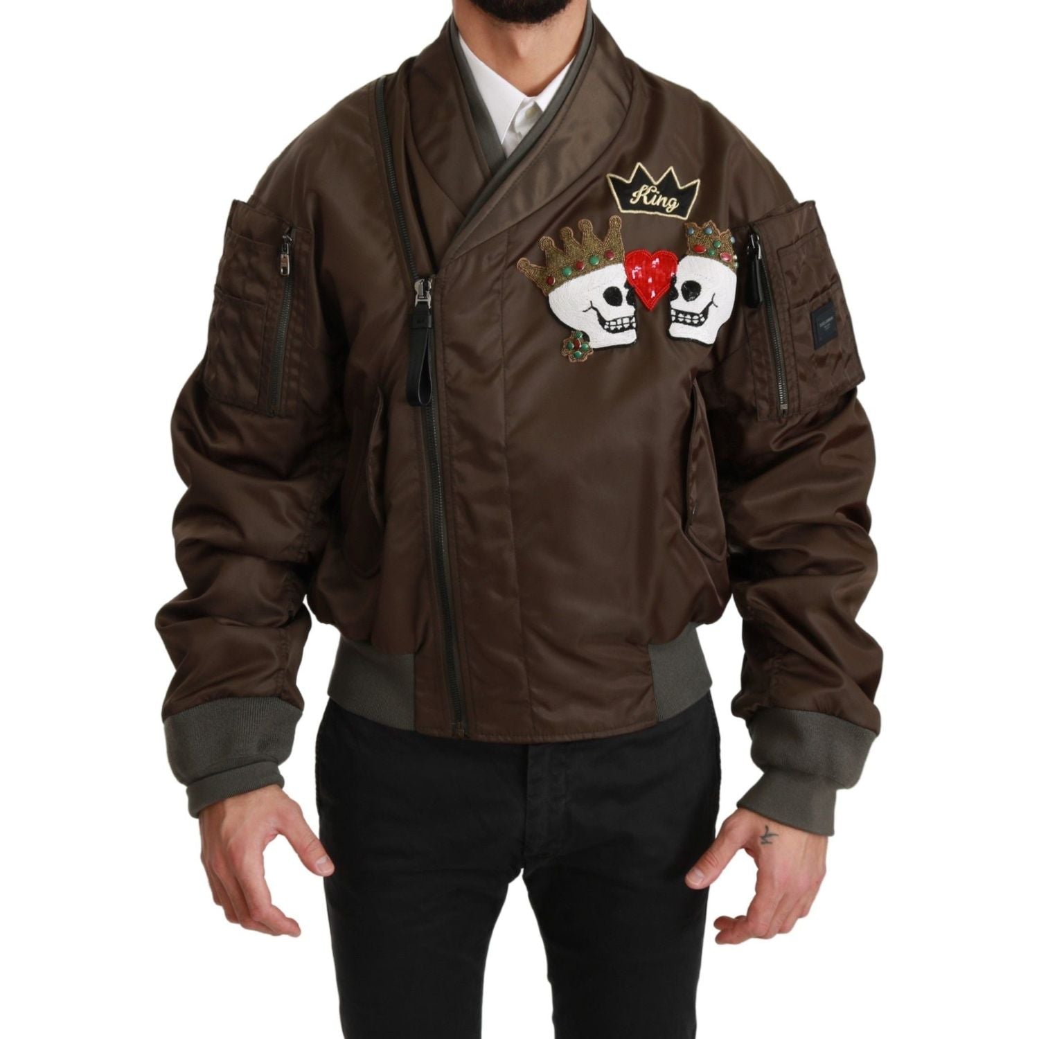 Dolce & Gabbana Brown Beaded Crown Skull Logo Jacket