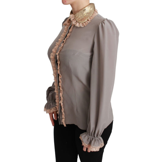 Dolce & Gabbana Gray Silk Gold Sequin Lace Blouse Shirt