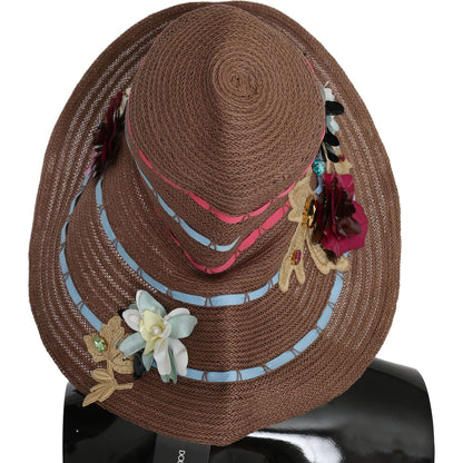 Dolce & Gabbana Brown Floral Wide Brim Straw Floppy Cap Hat Dolce & Gabbana