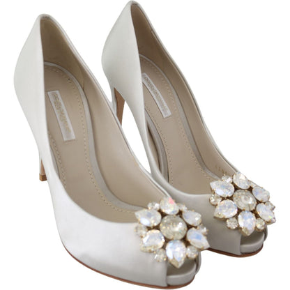 Dolce & Gabbana White Crystals Peep Toe Heels Satin Pumps Shoes