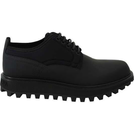 Dolce & Gabbana Black Rubberized Calfskin Chunky Derby Vulcano Shoes 1728,67345645728,Black,Dolce & Gabbana,EU44/US11,Formal - Men - Shoes,Material: 65% Leather 29% Nylon 6% Elastane,Men,Men - Shoes,New with tags,Oxfords and Derbies - Shoes,Shoes