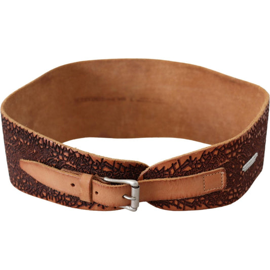 Scervino Street Brown Wide Leather Embroidered Design Logo Belt Scervino Street