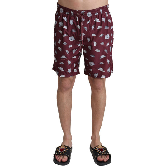 Dolce & Gabbana Maroon Hats Print Beachwear Shorts Swimwear 1728,67345645728,Clothing,Dolce & Gabbana,IT4 | S,Marrone,Material: 100% Polyester,Men,Men - Clothing,New with tags,Swim Shorts - Swimwear - Clothing,Swimwear - Clothing,Swimwear - Men - Clothing