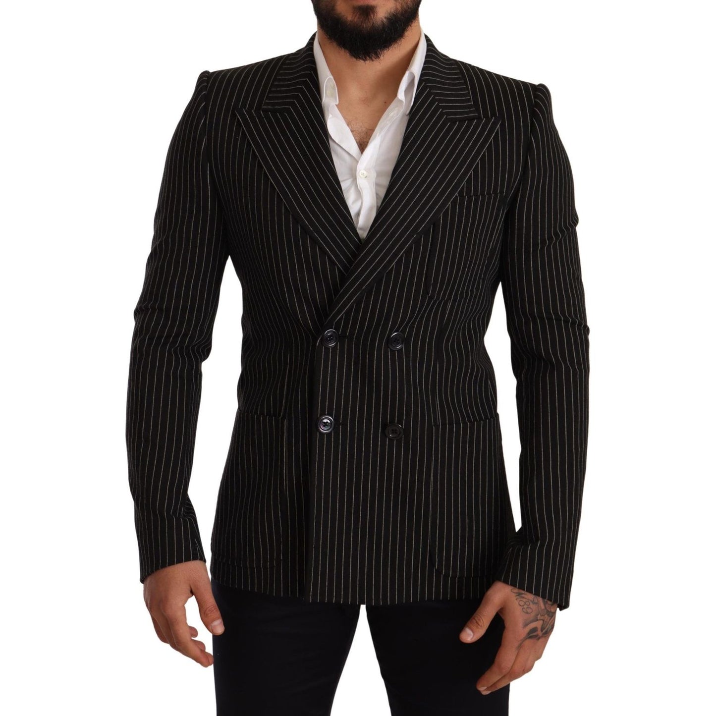 Dolce & Gabbana Black White Striped Slim Fit Coat Blazer Dolce & Gabbana
