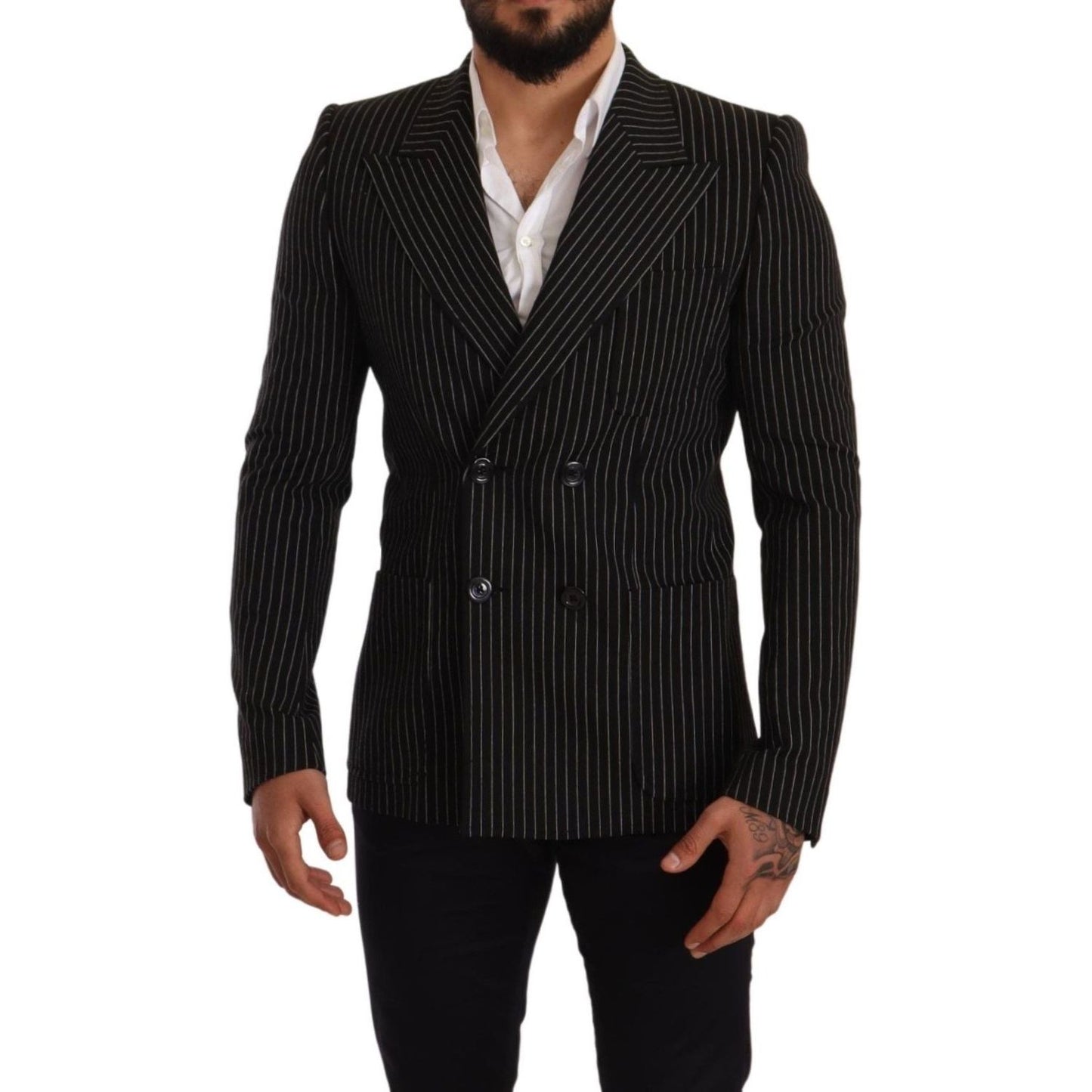 Dolce & Gabbana Black White Striped Slim Fit Coat Blazer Dolce & Gabbana