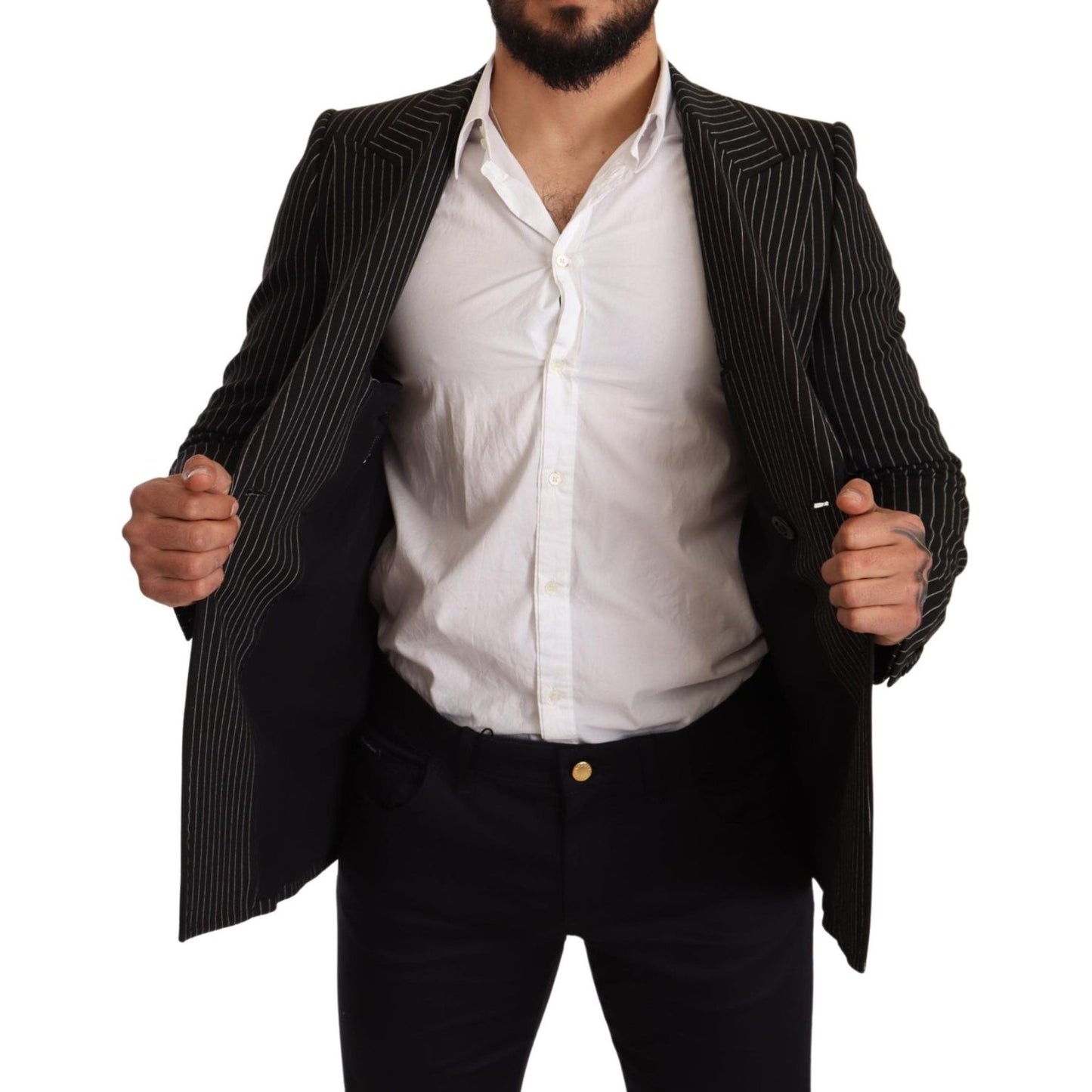 Dolce & Gabbana Black White Striped Slim Fit Coat Blazer Dolce & Gabbana