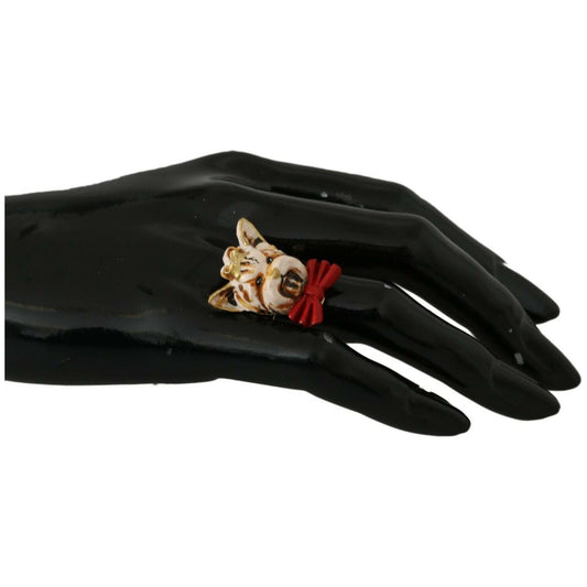 Dolce & Gabbana Gold Brass Resin Beige Dog Pet Branded Accessory Ring 1728,50% Brass,67345645728,Accessories,Beige,Category - Jewellery,Dolce & Gabbana,EU50 | US5,Jewellery - Accessories,Jewelry,Material: 50% Resin,Men,New with tags,Rings - Jewellery - Ac