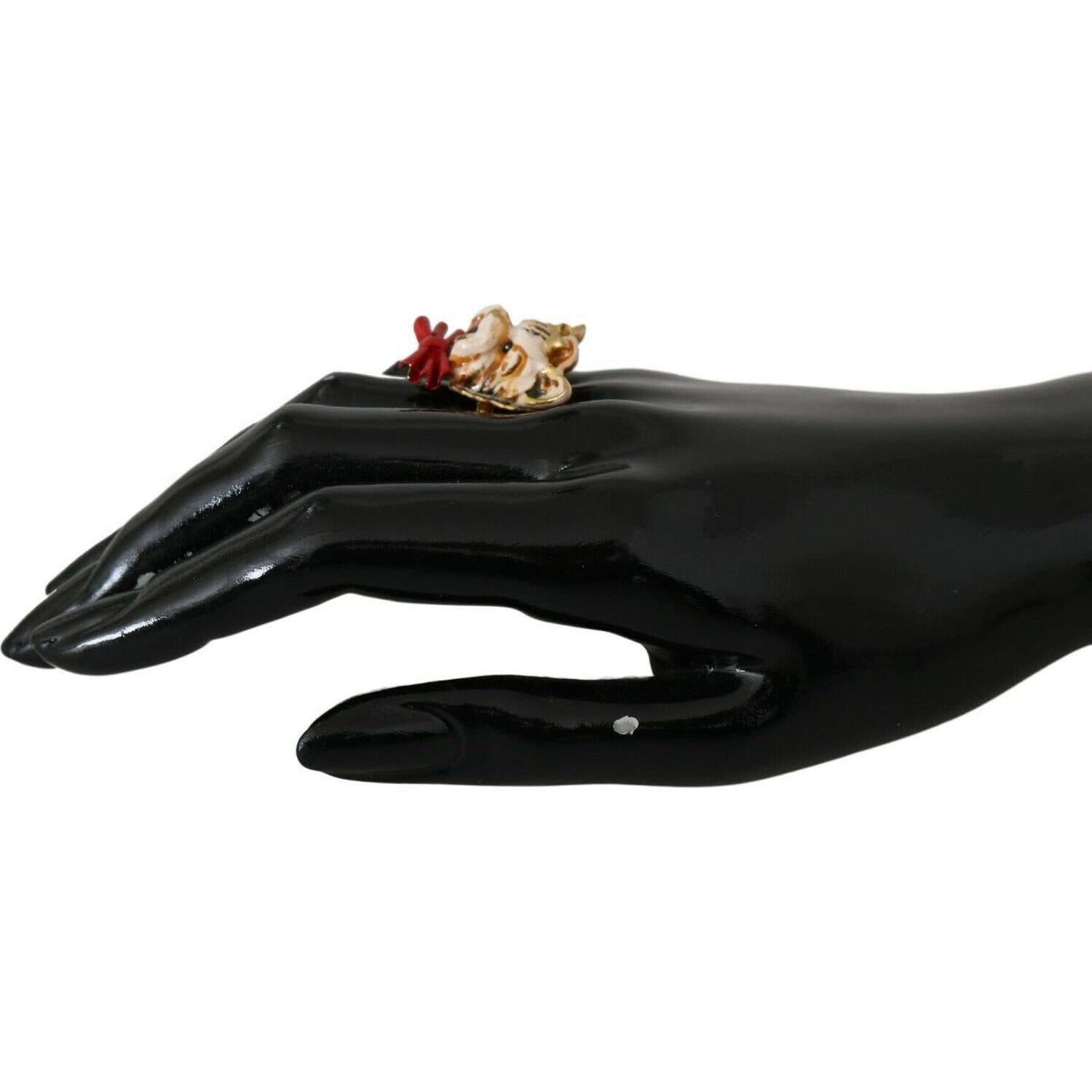 Dolce & Gabbana Gold Brass Resin Beige Dog Pet Branded Accessory Ring