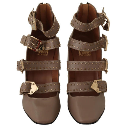 MY TWIN Brown Leather Block Heels Multi Buckle Pumps Shoes WOMAN PUMPS