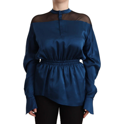 Masha Ma Blue Silk Long Sleeves Elastic Waist Top Blouse WOMAN TOPS AND SHIRTS