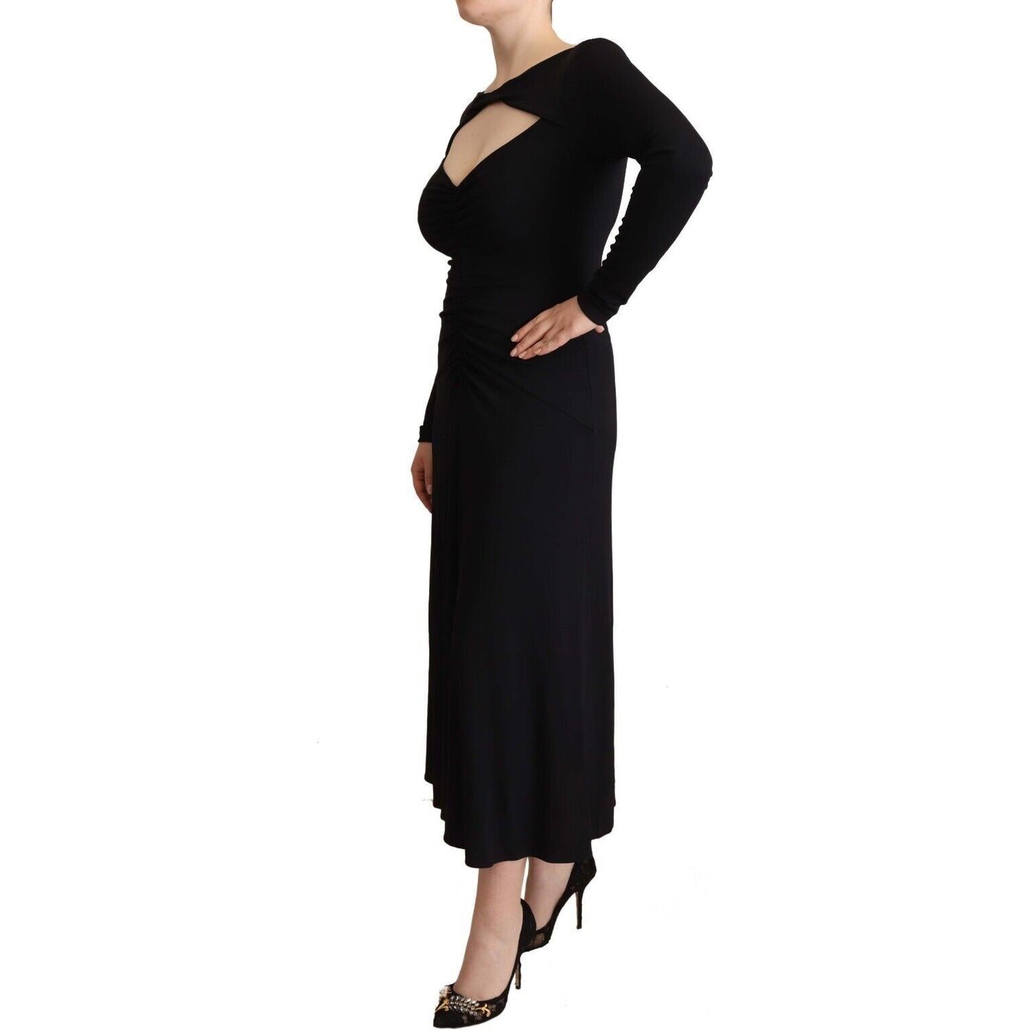PINKO Black Nylon Stretch Long Sleeves Deep V-neck Maxi Dress