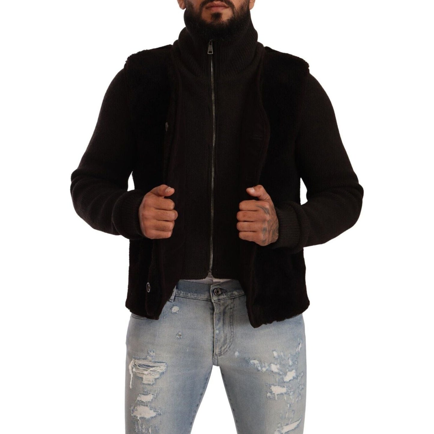 Dolce & Gabbana Black Leather Mens Turtle Neck Coat Jacket