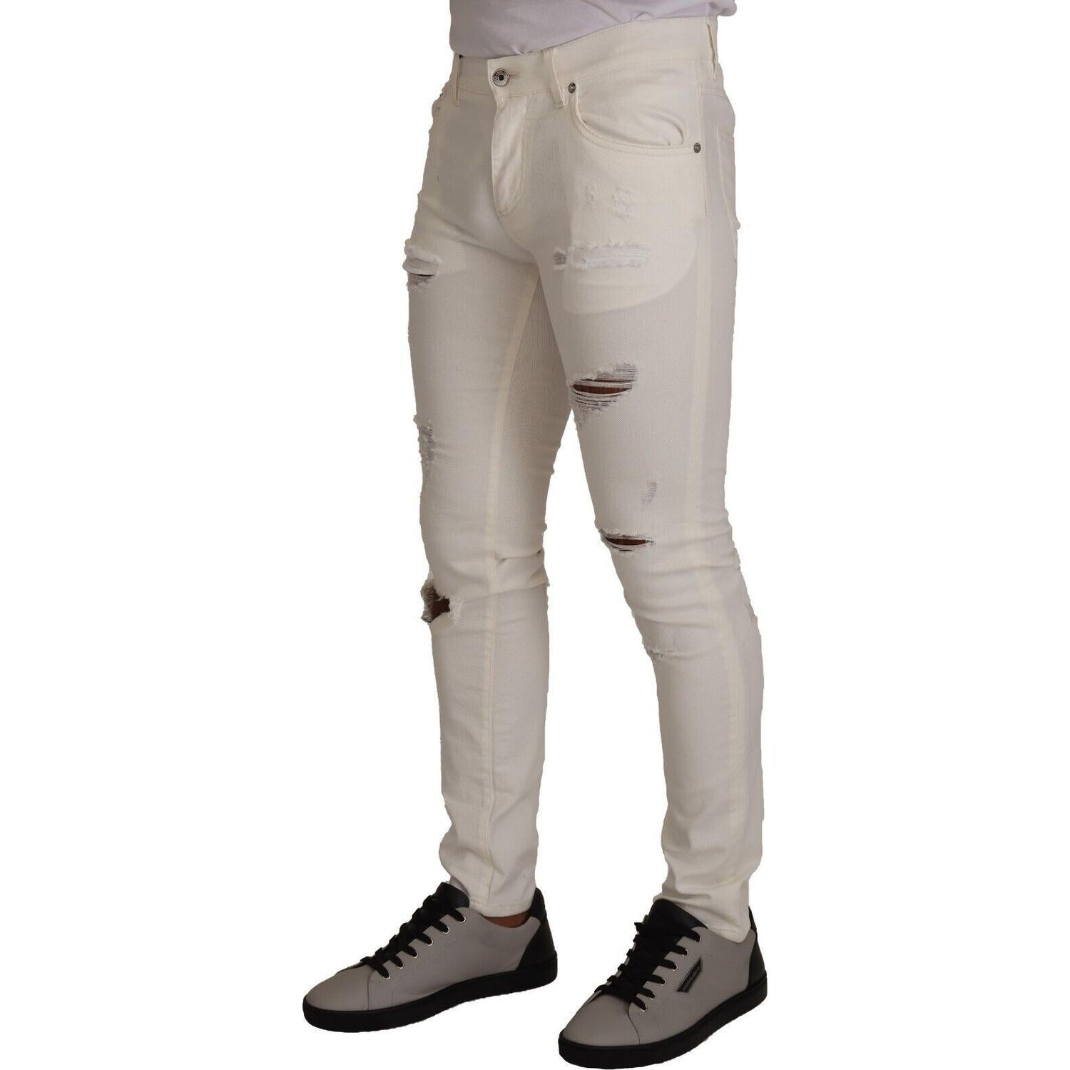 Dolce & Gabbana White Tattered Skinny Cotton Men Denim Jeans
