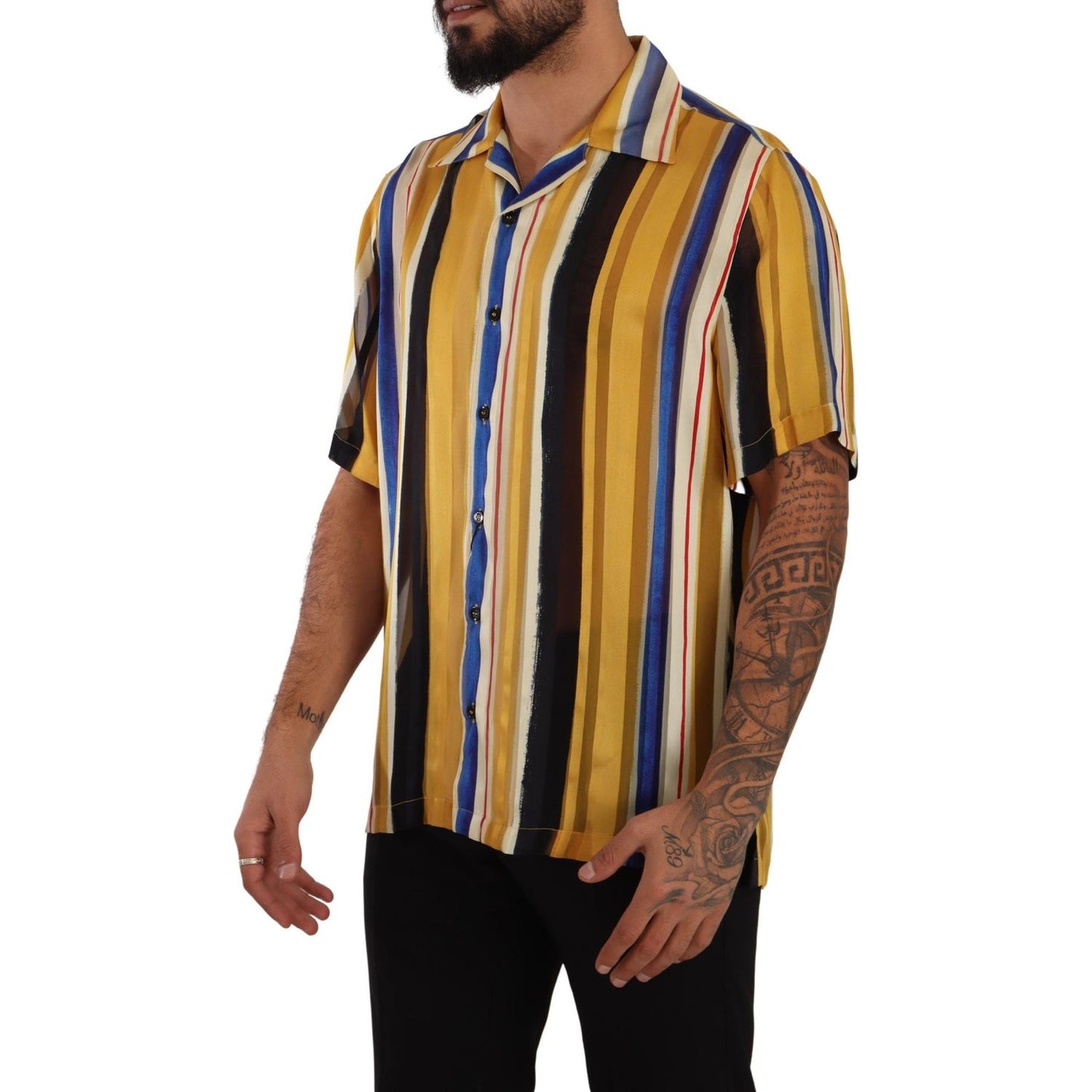 Dolce & Gabbana Yellow Striped Short Sleeve Silk Shirt Dolce & Gabbana