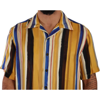 Dolce & Gabbana Yellow Striped Short Sleeve Silk Shirt Dolce & Gabbana