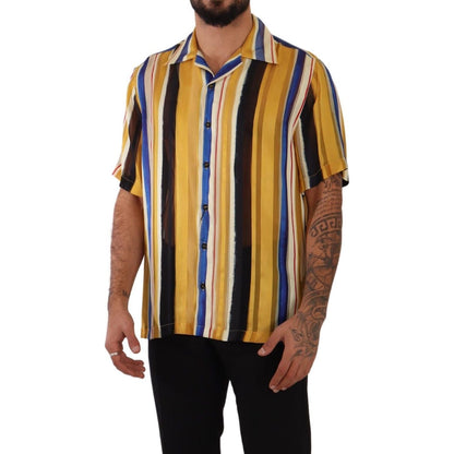Dolce & Gabbana Yellow Striped Short Sleeve Silk Shirt Dolce & Gabbana
