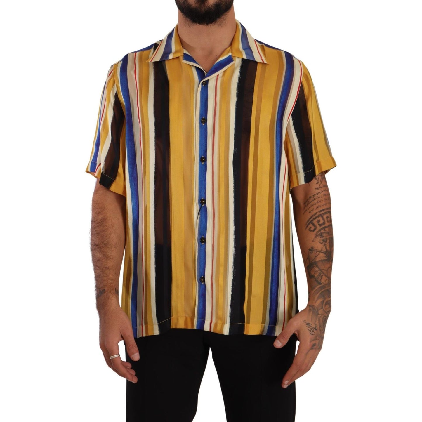 Dolce & Gabbana Yellow Striped Short Sleeve Silk Shirt Dolce & Gabbana