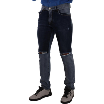 Dolce & Gabbana Blue Two Tone Tattered Cotton Slim Denim Jeans Dolce & Gabbana