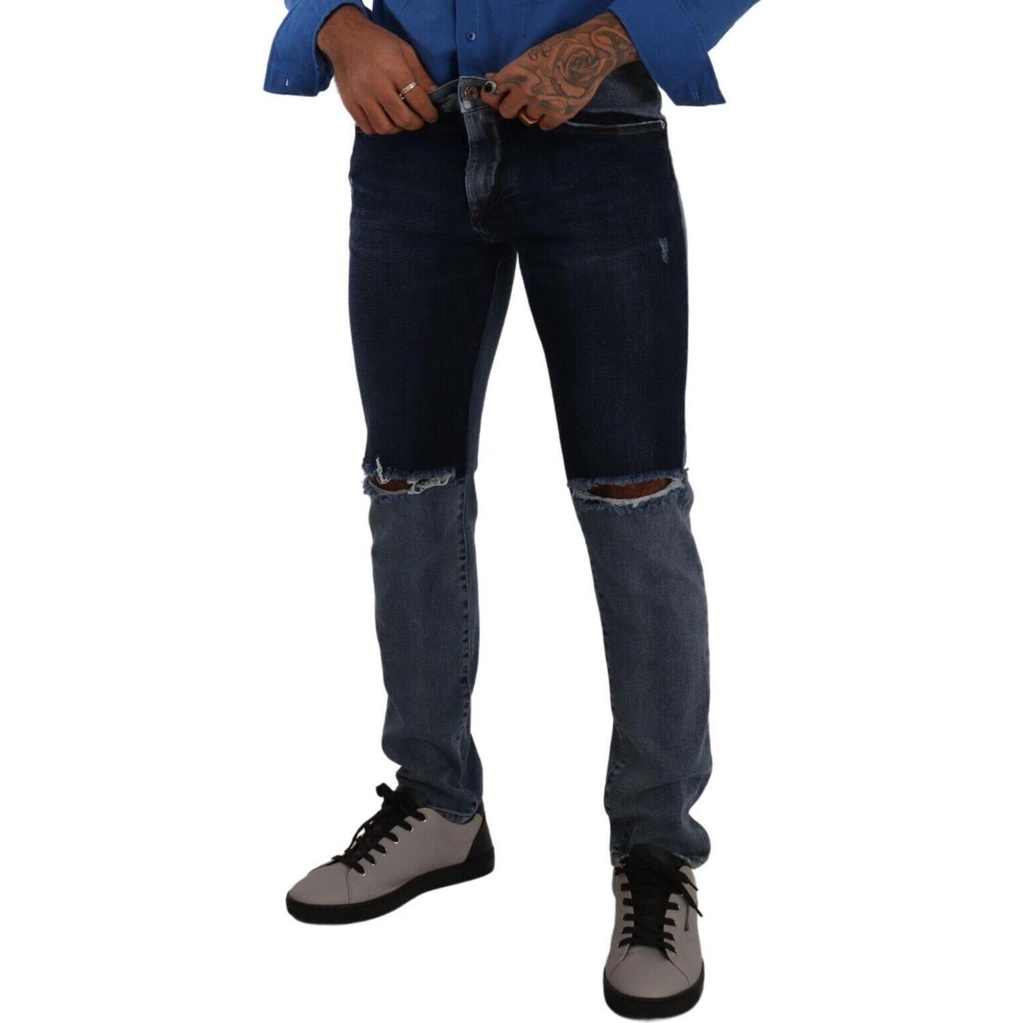 Dolce & Gabbana Blue Two Tone Tattered Cotton Slim Denim Jeans Dolce & Gabbana