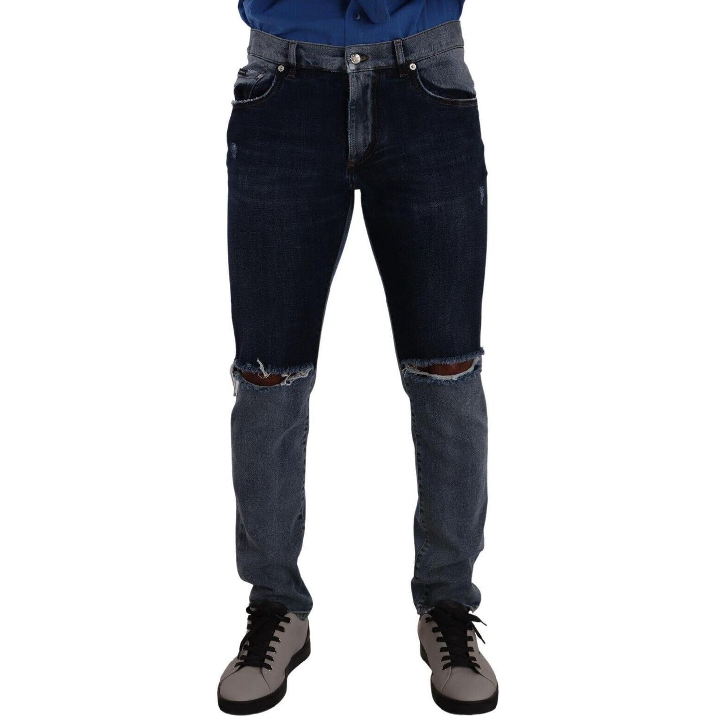 Dolce & Gabbana Blue Two Tone Tattered Cotton Slim Denim Jeans Dolce & Gabbana