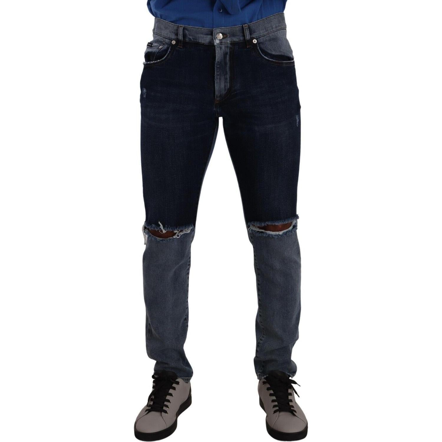 Dolce & Gabbana Blue Two Tone Tattered Cotton Slim Denim Jeans