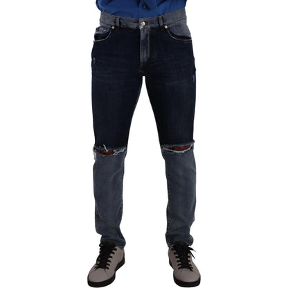 Dolce & Gabbana Blue Two Tone Tattered Cotton Slim Denim Jeans Dolce & Gabbana