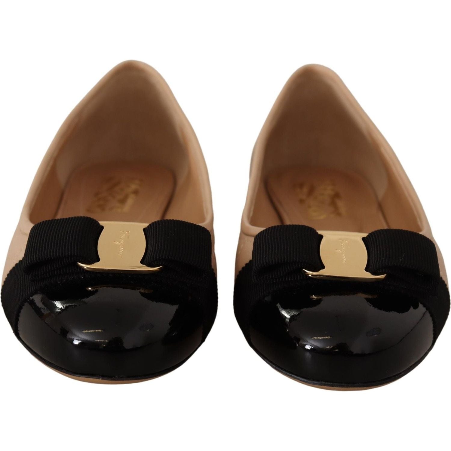 Salvatore Ferragamo Beige and Black Nappa Leather Ballet Flat Shoes