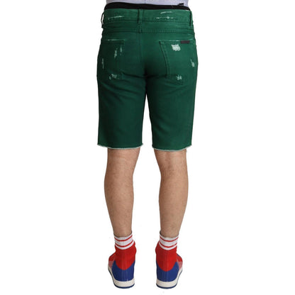 Dolce & Gabbana Green Tattered Cotton Men Denim Bermuda Shorts