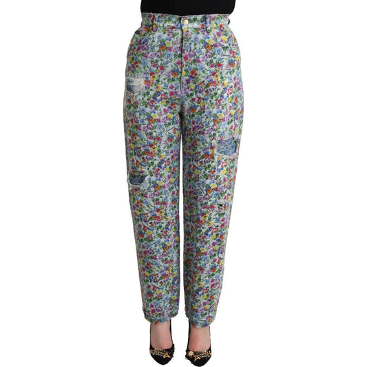 Dolce & Gabbana Blue Floral Print High Waist Denim Tapered Jeans