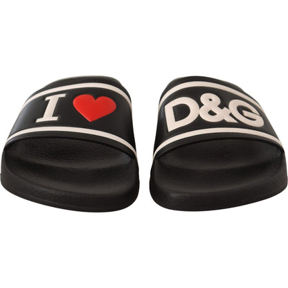 Dolce & Gabbana Black Leather I Love D&G Slides Sandals