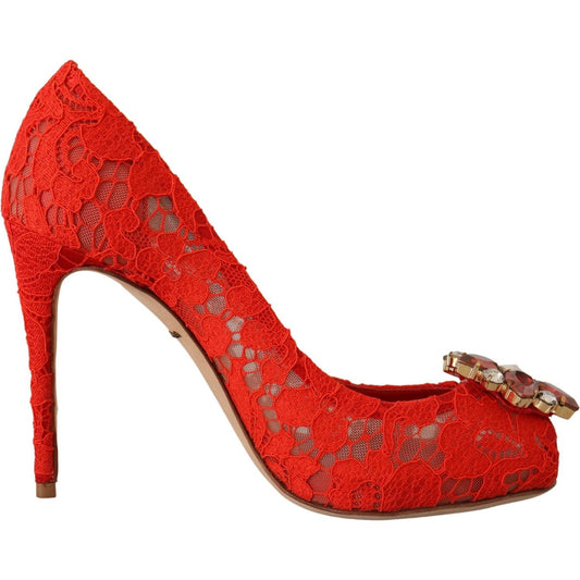 Dolce & Gabbana Red Crystal Taormina Lace Heels Pumps Dolce & Gabbana