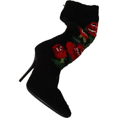 Dolce & Gabbana Black Stretch Socks Red Roses Booties Shoes