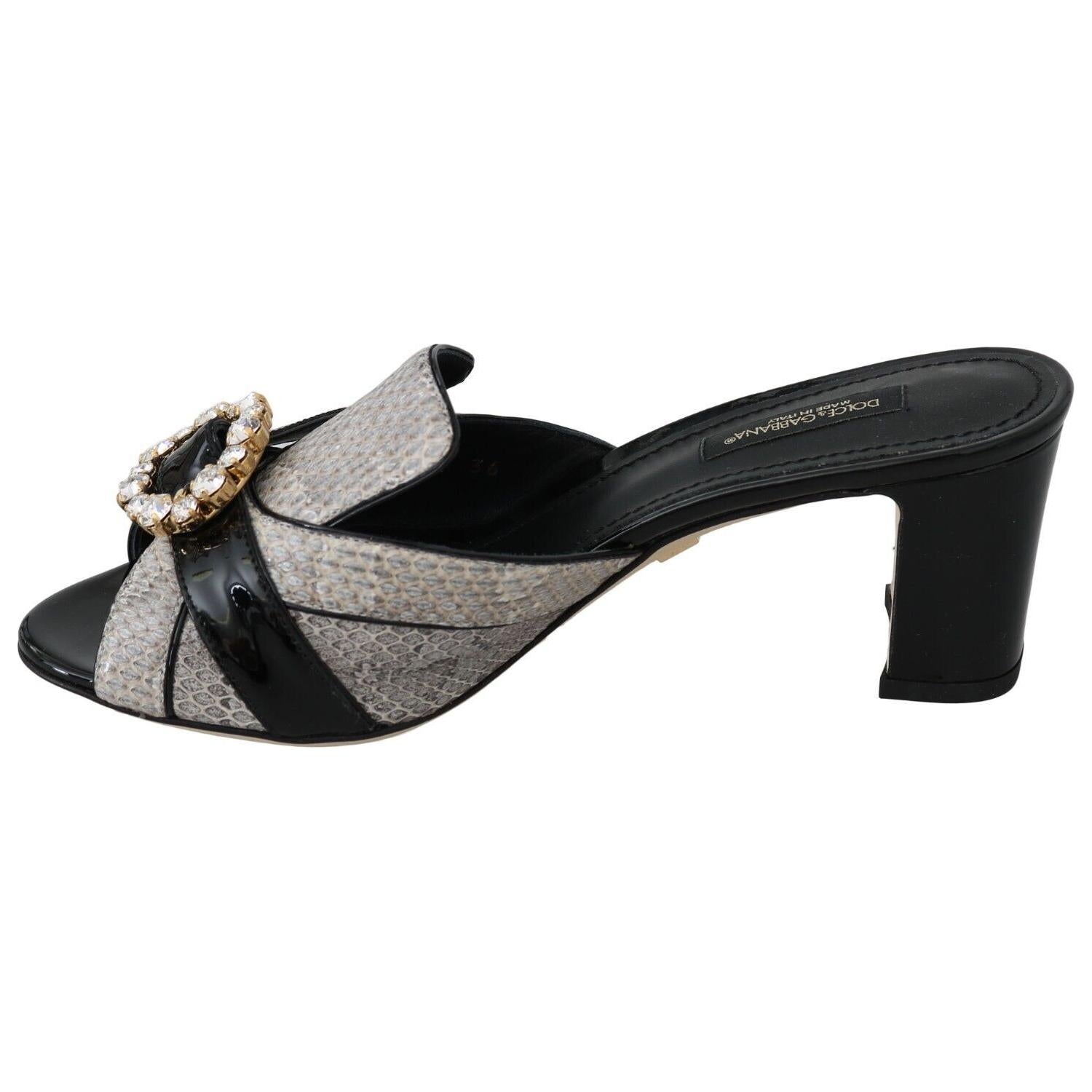 Dolce & Gabbana Black Gray Exotic Leather Crystals Sandals Shoes